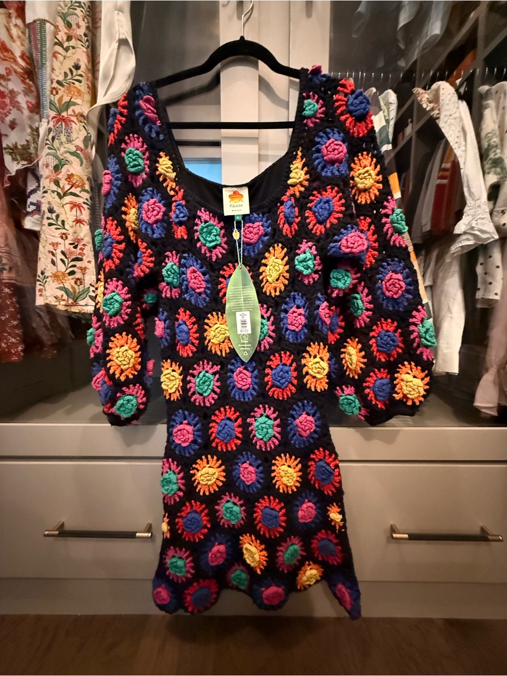FARM Rio Crochet Flowers Mini Dress Black NWT - Picture 1 of 2